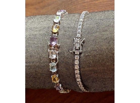 (2) Sterling Silver Tennis Bracelets - (1) With Clear Stones And (1) With Topaz, Amethyst, And Citrine