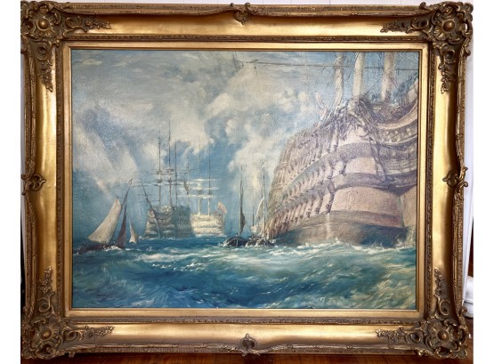 J.M.W. Turner Reproduction Oil Painting 'a First Rate Taking In Stores' In Ornate Gold Frame