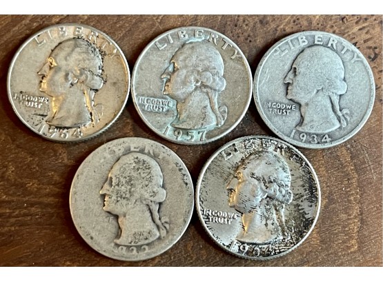 (5) Washington Silver Quarter Coins - 1934, 1932, (2) 1964, 1957