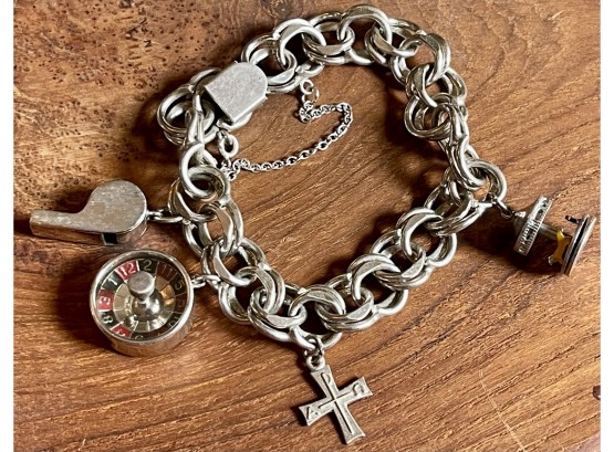 Antique Sterling Silver Charm Bracelet - Carousel, Whistle, Roulette, And More - Weighs 49.3 Grams