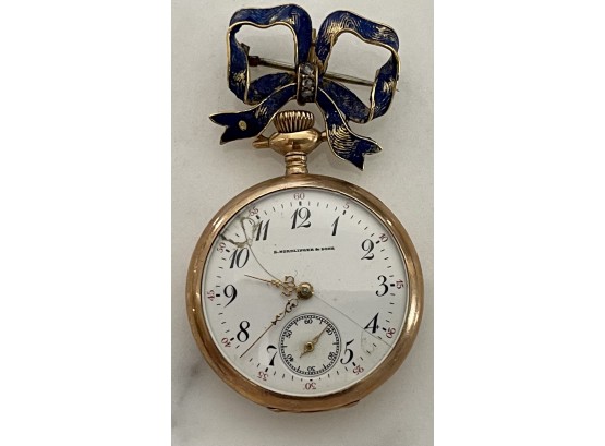 14k Gold And Diamond S. Nordlinger & Sons Ladies Pin Pocket Watch 5098003 In Glass Dome (as Is)