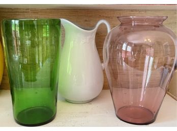 (2) Art Glass Hand Blown Vases And A White Ironstone Pitcher - J & G Meakin