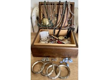 Large Collection Of Costume Jewelry In Wood Box (as Is)