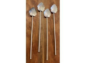 (4) Sterling Silver Hecho In Mexico Cuermor 925 Long Straw Teaspoons With Leaf Pattern Bowls 24 Grams