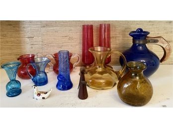 Lot Of Mid Century Glassware - Crackle Vase, Cream And Sugar, Pottery, Wood Handle, And More