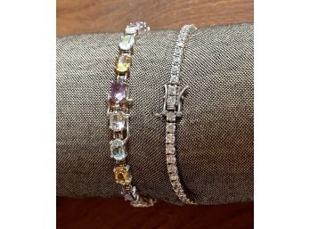 (2) Sterling Silver Tennis Bracelets - (1) With Clear Stones And (1) With Topaz, Amethyst, And Citrine