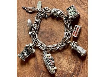 Antique Sterling Silver Charm Bracelet - Cruise Ship, Dollar Box, Pineapple, And More - Weighs 54.8 Grams