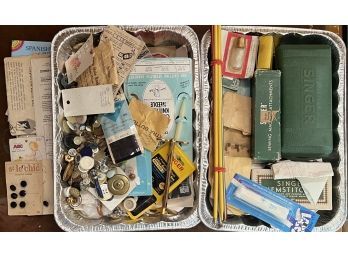 Sewing And Knitting Lot Including Singer Sewing Machine Parts, Buttons, Needles, Vintage Guide, And More