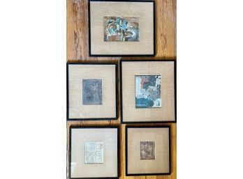 (5) Mid Century Abstract Burlap Matte Framed Pictures