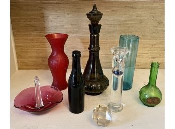 Collection Of Mid Century Modern Art Glass - I Dream Of Jeannie Bottle With Stopper, Swan Serving Dish, & More
