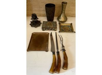 Eclectic Lot - Stone Cigarette And Ashtray Set, Repousse Copper Pint, Heavy Brass Vase, Sterling Bakelite Set