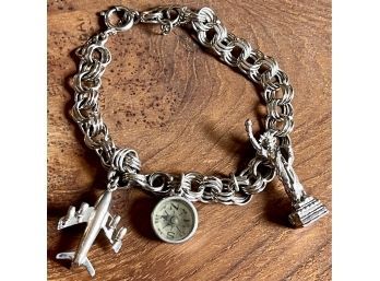 Sterling Silver Charm Bracelet - Airplane, Compass, Statue Of Liberty - Weighs 22 Grams