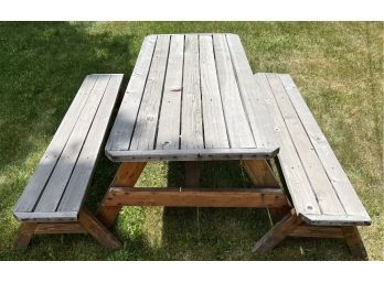 Vintage Wooden Picnic Table With Two Matching Benches