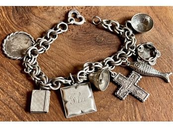 Antique Sterling Silver Charm Bracelet - Tambourine, Fish, Kirk & Son Sterling Charms, And More - 36.8 Grams
