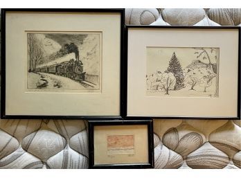 (3) Sketches - Narrow Gauge In Clear Creek Canyon By Alleright, Landscape By SMS, Signed Abstract