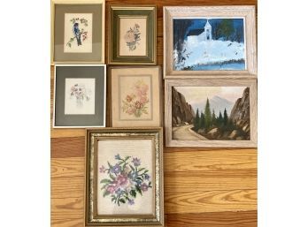Collection Of Vintage Framed Artwork - Cross Stitch, (2) Oil Paintings, (3) Flower Prints
