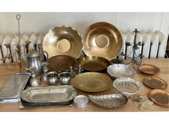 Brass, Copper, And Pewter Lot - Candle Holders, Etched Trays, Tea Pot, Serving Bowls, Aluminum, And More