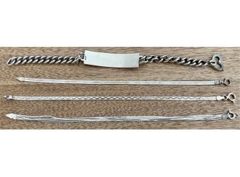 (4) Sterling Silver Bracelets - Herringbone, Multichain, And ID Bracelet - Italy - Weighs 34.7 Grams Total