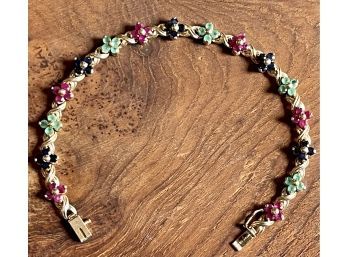 14k Gold Red And Blue Spinel, Green Stone Flower Tennis Bracelet With Safety Latch - Weighs 11.1 Grams Total