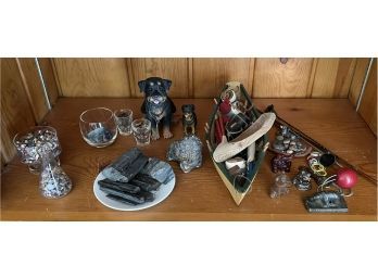 Eclectic Decor Lot Wooden Canoe With Accessories - Resin Rotweilers, Stones, Figurines, And More