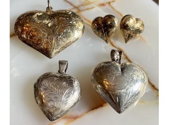 Lot Of Sterling Silver And Gold Washed Sterling Etched Heart Pendants And Post Earrings - Weighs 38.6 Grams