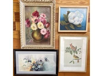 (4) Vintage Framed Art - Flowers And Birds, (2) Oil Paintings (1) Print (1) Watercolor
