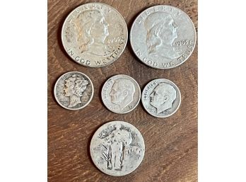 (2) Benjamin  Franklin Silver Half Dollar Coins 1963, (2) Silver Eisenhower Dimes, Mercury Dime 1943, And More