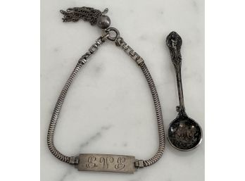 Antique Forstner Sterling Silver Initial Bracelet And A Fine Arts Sterling Silver Spoon Pin - 11.6 Grams Total