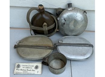 WWII Mess Collection - Canteens, Mess Kit Pans, Cup, And War Ration Book One