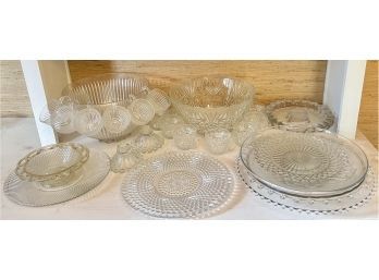 Collection Of Vintage And Antique Clear Glass Serving Trays, Punch Bowls, Cups, Candlewick Glass, And More