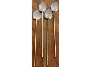 (4) Sterling Silver Hecho In Mexico Cuermor 925 Long Straw Teaspoons With Leaf Pattern Bowls 18 Grams