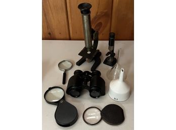 Small Science Lot - (2) Vintage Microscopes, (3) Magnifying Glasses, Funnels, And Binoculars