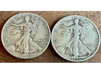 (2) Walking Liberty Silver Half Dollar Coins - 1941, 1936