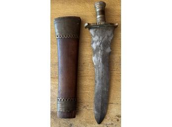 Antique Engraved Dagger With Wood And Metal Sheathe (as Is)