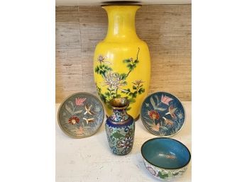 Lot Of Cloisonne Enamel Vases, Bowls, And Standing Plates (as Is)