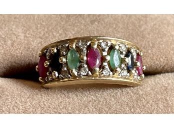 14k Yellow Gold Diamond And Spinel Ring Thailand Size 7.5 - Weighs 5.2 Grams