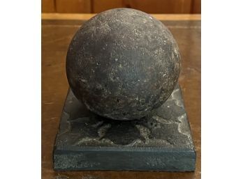 Antique 3 Inch Solid Metal Cannonball With Metal Base