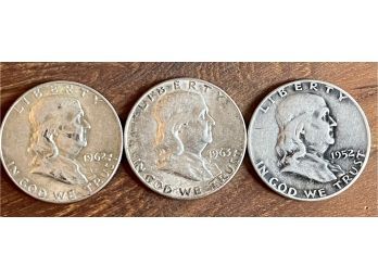 (3) Benjamin Franklin Silver Half Dollar Coins - 1962, 1963, 1952