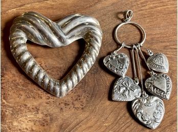 Sterling Silver Mexico Heart Pin And Repousse Puffy Heart Pendant - Weighs 23.4 Grams Total