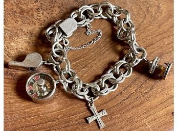 Antique Sterling Silver Charm Bracelet - Carousel, Whistle, Roulette, And More - Weighs 49.3 Grams
