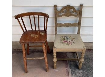 (2) Vintage And Antique Chairs - Floral Ladderback And Spindle Back