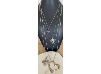 (4) Sterling Silver Box Chain Necklaces With Assorted Heart And Stone Pendants - Weighs 54.2 Grams Total
