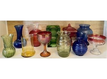 Lot Of Colored Glass, Vintage Vases, Candy Dishes, And Compote - Carnival Glass, Coin Dot, And More