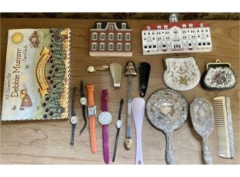 Vintage Dresser Lot - Silver Plate Brush Set, French Beaded Purse, Watches, Debby Mum Card Pack, And More