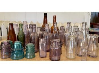 Large Collection Of Vintage & Glass Bottles, Jars, And Insulators - D.C. Fonda, Simmons Denver, & More
