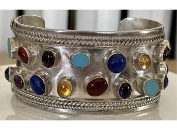 Sterling Silver Multicolor Natural Stone Cuff Bracelet - Turquoise, Blue Lapis, Garnet, Amethyst, And More
