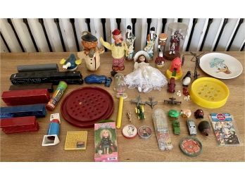 Large Lot Of Vintage & Antique Toys - Toy Wood Line Train Body, Donald Duck Plate, Rolling, Dolls, And More