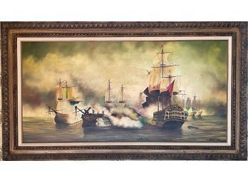 Reproduction Battle Of Trafalgar 1805, Crepin, By A. Salines With Carved Wood Frame