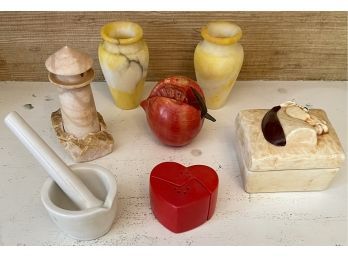 Carved Stone Vases, Peach, Light House, Ceramic Horse Dish, And Coors Mortar And Pestle
