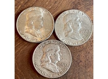 (3) Benjamin Franklin Silver Half Dollar Coins - 1950, 1959, 1961